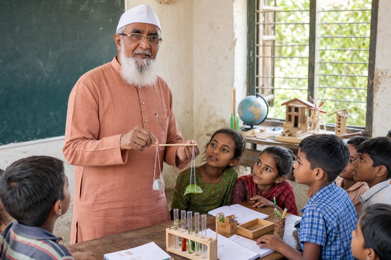 Dr. Hajibhai Badi teaching children in a rural classroom