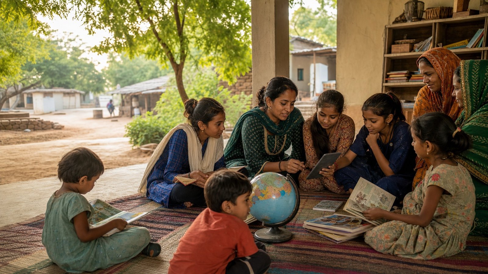 Women and children learning together in a village community library